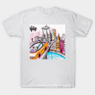 Futuristic City Pencil Drawing T-Shirt